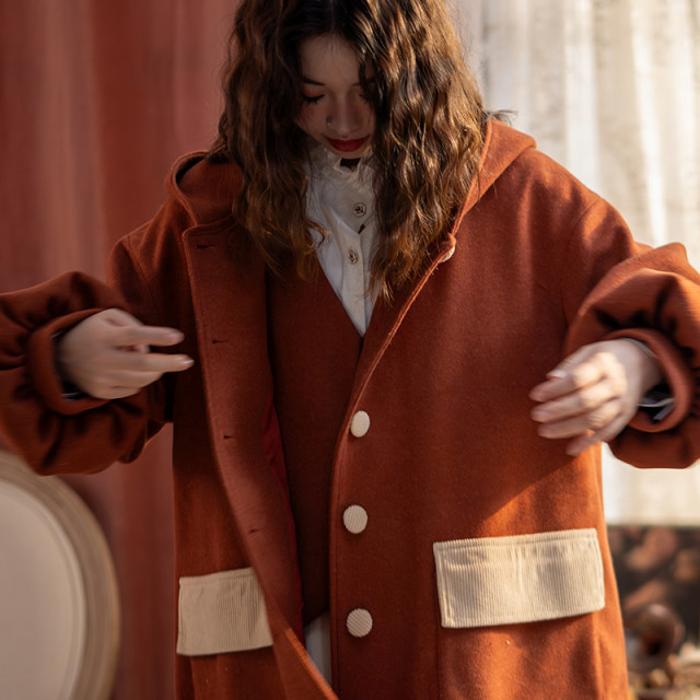 Mid-length autumn and winter hooded coat