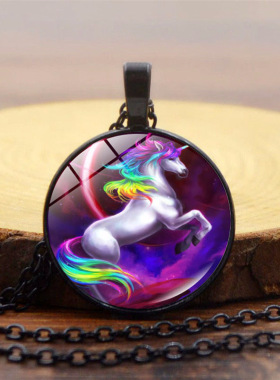 新品 飞马独角兽时光宝石项链 欧美银色吊坠锁骨链饰品