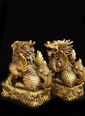 纯铜麒麟摆件一对黄铜