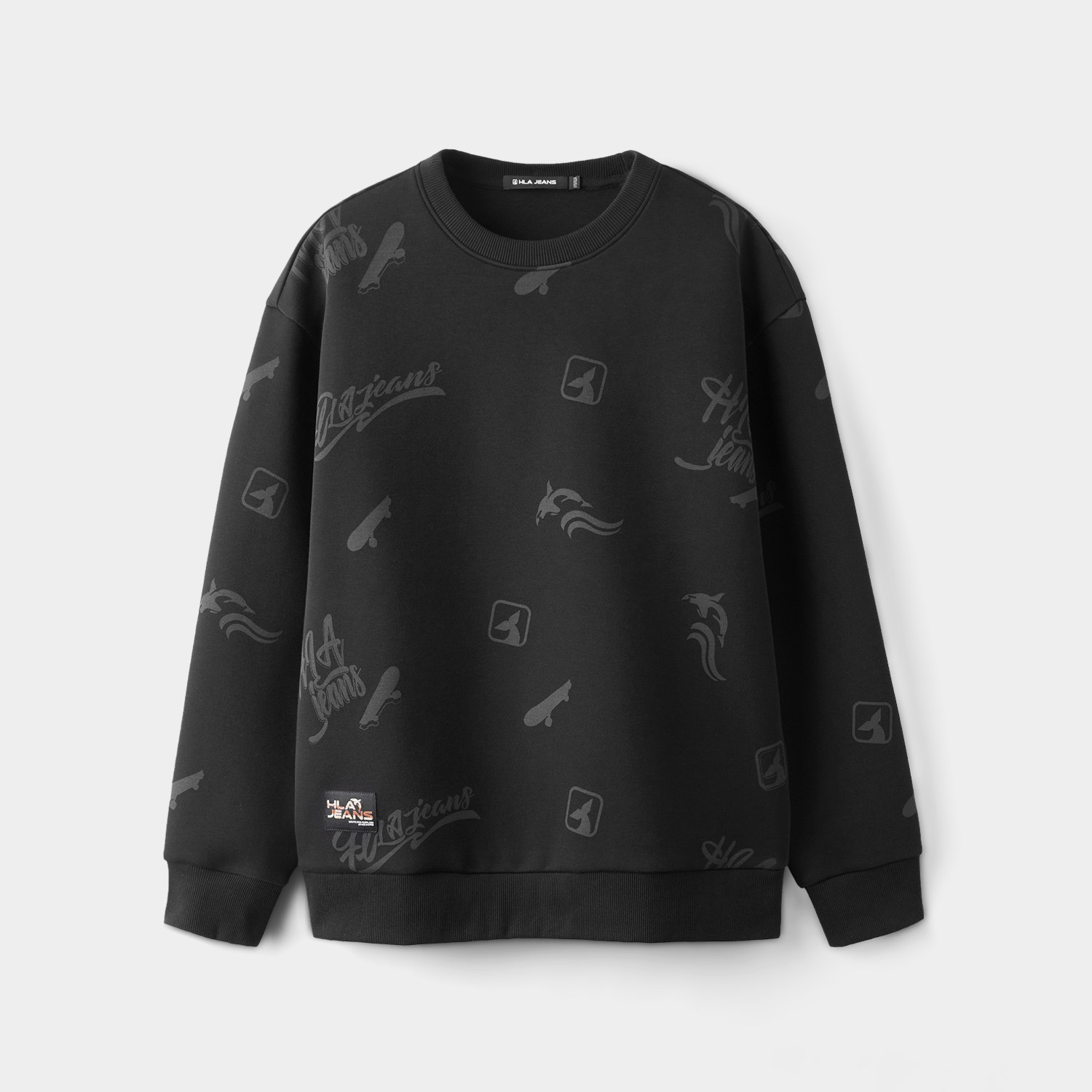 海澜之家旗下黑鲸满身印花圆领卫衣男2025年春季新品潮酷宽松长袖