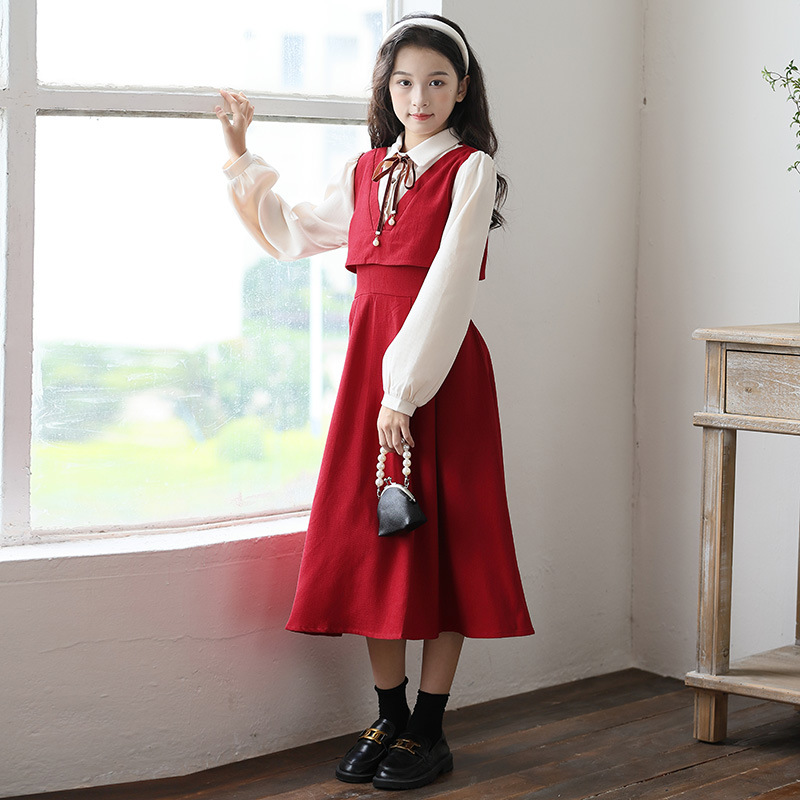 女童超好看连衣裙秋冬季2025新款中大童学院风衬衫领假两件连衣裙 - 图1