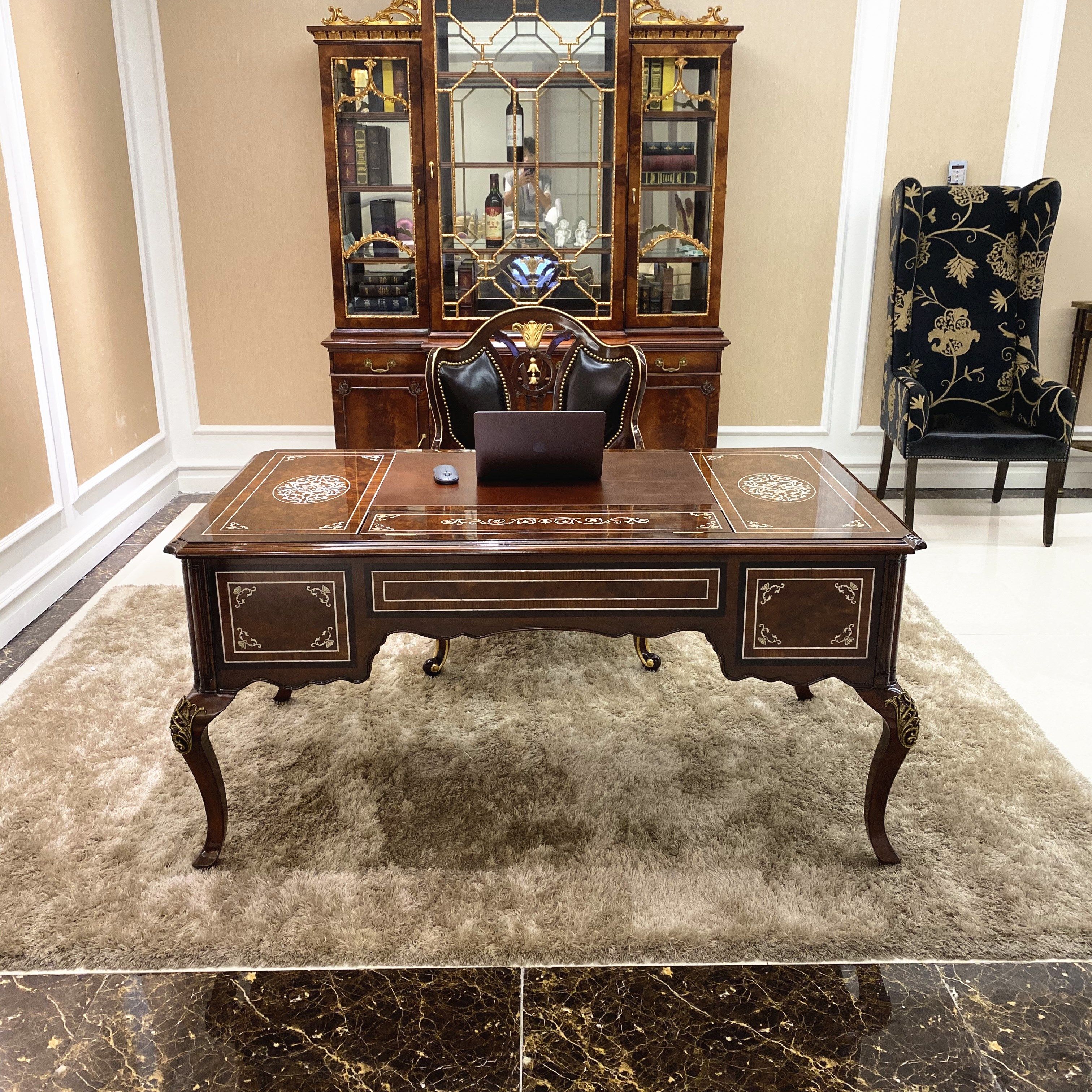 戴维斯亚历山大英式实木书桌别墅古典贝壳电脑桌欧式写字桌带书架