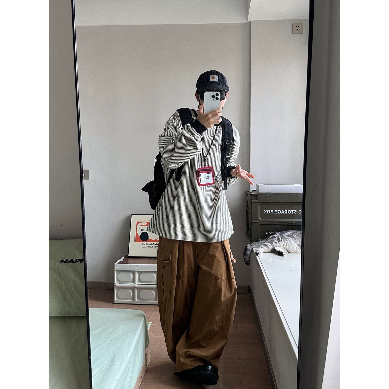 XBRO日系复古磨毛24年秋慵懒宽松无性别刺绣条纹长袖T恤卫衣男女 - 图2