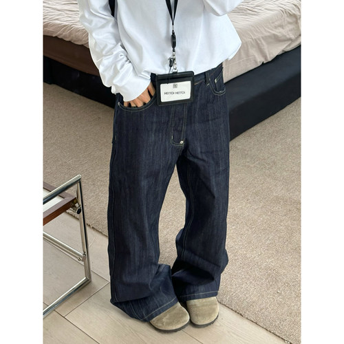 XBRO美式复古丹宁牛仔裤男女宽松竹节纹设计感小众显瘦原色长裤潮 - 图0