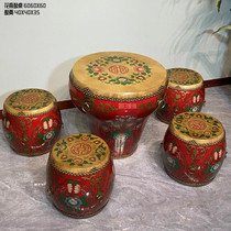 Painted Imitation Old Solid Wood Lacquered Furniture Cow Leather Drum Tea Table Drum Table Drum Stool Southeast Asian Art Wind Vase Drum