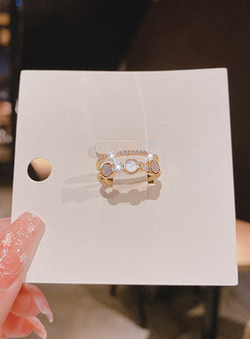 真金电镀铜镶锆石板材戒指轻奢网红ins冷淡风可调节钻戒气质指环