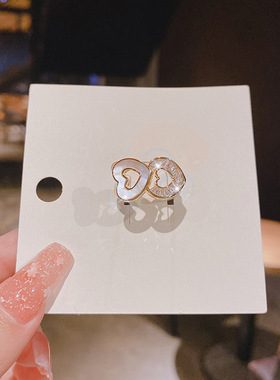 真金电镀铜镶锆石韩国爱心猫眼石戒指女设计感简约精致开口