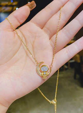 韩版真金电镀铜微镶锆石月亮宇航员项链女小众设计锁骨链潮网颈链