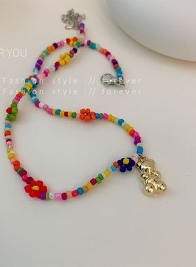 跨境波西米亚米珠花朵多层手工串珠项链嘻哈小熊吊坠颈链直播