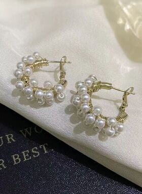 925银针法式复古C形半圈满珍珠耳钉女韩国气质高级感名媛耳圈耳环