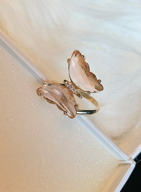 日系轻奢玻璃蝴蝶开口戒指女ins潮时尚网红个性夏日清新指环韩版