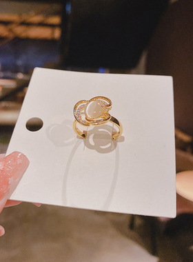 真金电镀铜镶锆石夸张戒子轻奢ins冷淡风h可调节猫眼石气质指环女