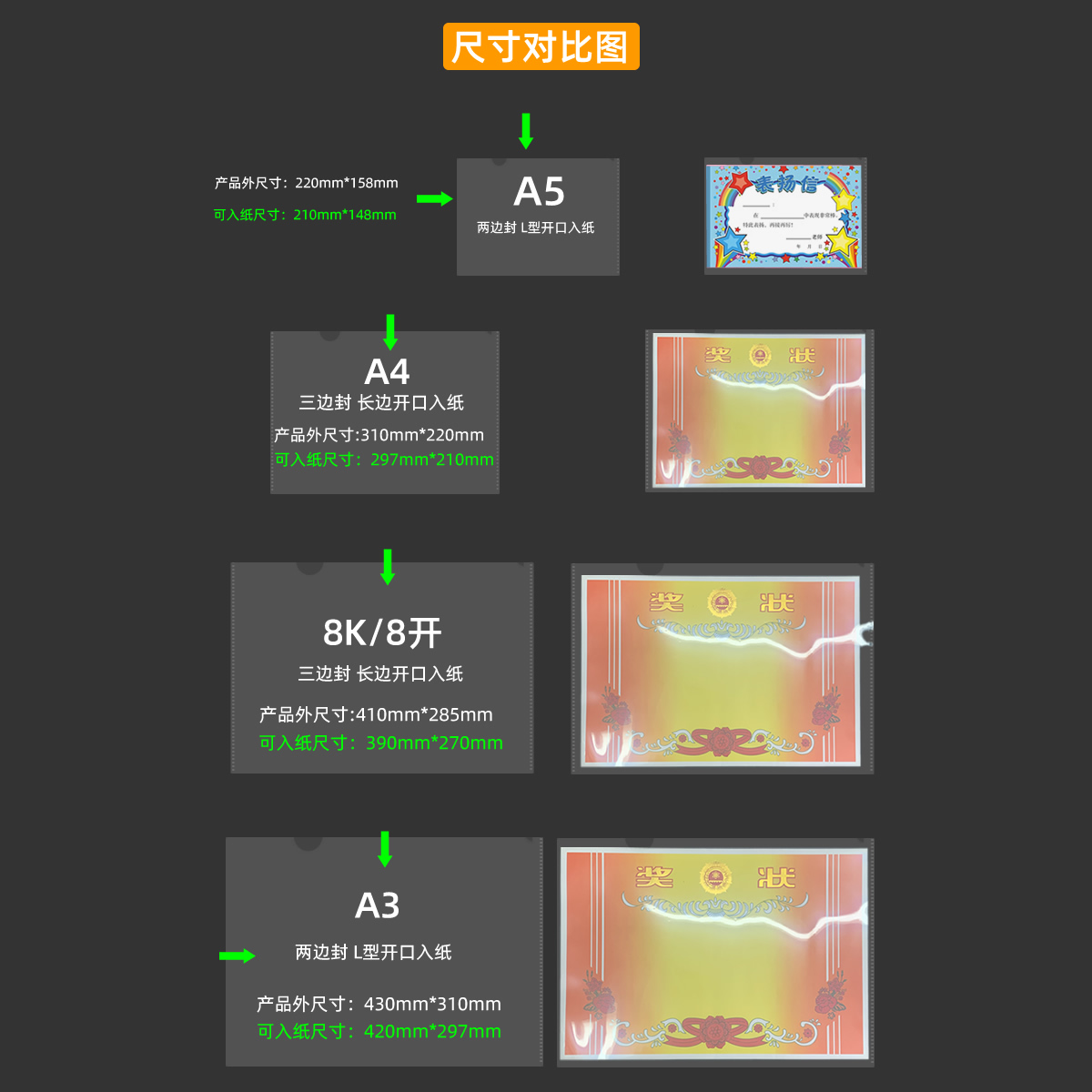 a4透明文件袋8K开小学生奖状展示挂墙保护套A3美术手抄报收纳袋