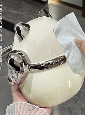 FIVO招财猫纸巾盒陶瓷纸抽盒家用摆件创意高颜值抽纸盒餐巾纸盒子