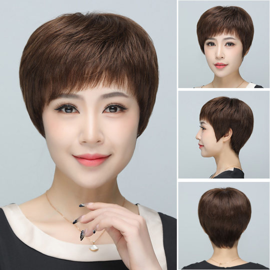 假发全头套女短发真人发丝隐形全真人发自然发套中老年女士妈妈款