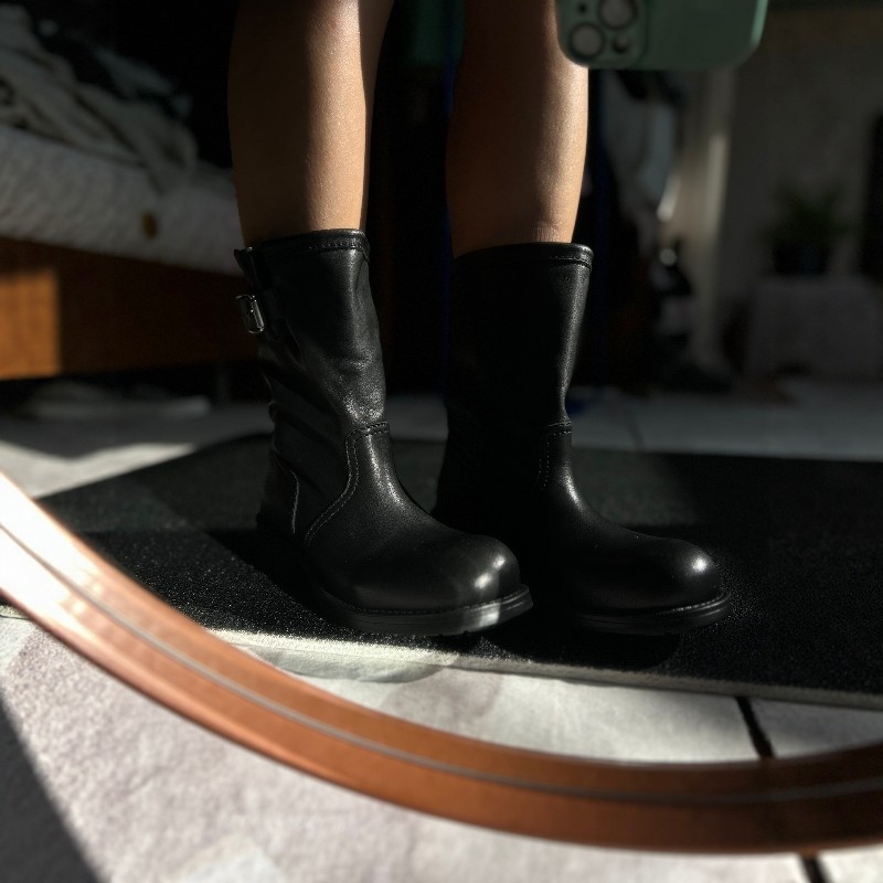 水染半植鞣牛皮复古皮带扣骑士靴女真皮中筒靴圆头低跟短靴工装靴,淘宝优惠券,粉丝福利购,淘宝优惠卷