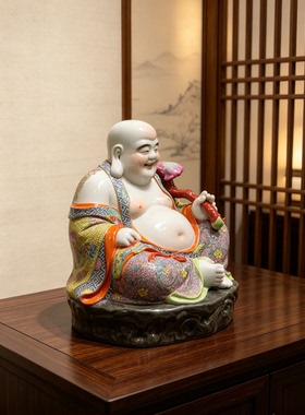 景德镇手工粉彩如意弥勒佛陶瓷雕塑40cm客厅供奉家用纳福吉祥摆件