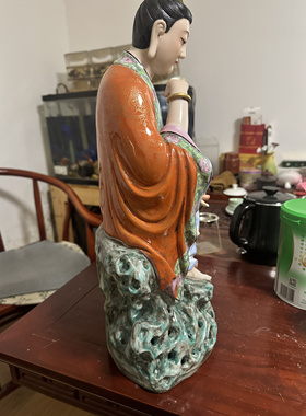 陶瓷经书水月自在观音佛像禅意中式客厅玄关摆件观世音菩萨像50cm