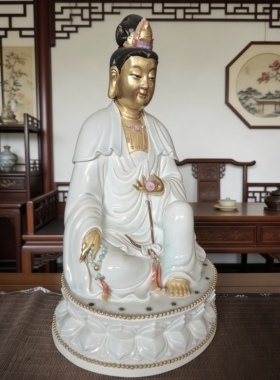 精品本金手持经书坐莲观世音菩萨景德镇手工陶瓷粉彩雕塑摆件48cm
