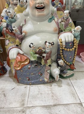 粉彩瓷器大肚多子佛陶瓷九子弥勒佛像招财家居装饰工艺品摆件一米