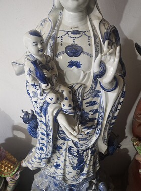 景德镇雕塑瓷厂货青花送子观音菩萨居家供奉精品摆件陶瓷器收藏
