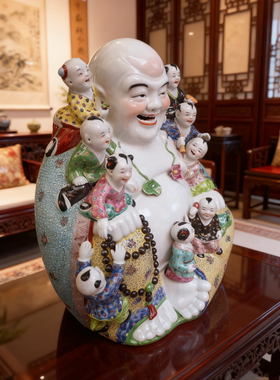 景德镇手工雕塑陶瓷九子弥勒佛瓷像多子罗汉笑佛店铺装饰摆件46cm