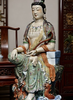 自在坐龙观音菩萨佛像枕经书大件粉彩摆件寺庙佛堂供奉工艺品一米