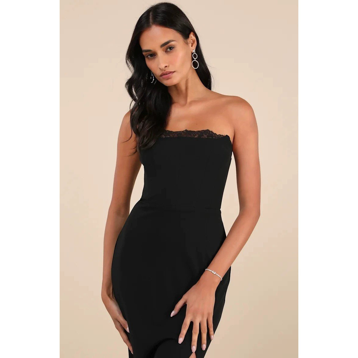 欧洲站LU家高端裹胸蕾丝睫毛性感露背抹胸式鱼骨开叉长裙年会晚装,淘宝优惠券,粉丝福利购,淘宝优惠卷