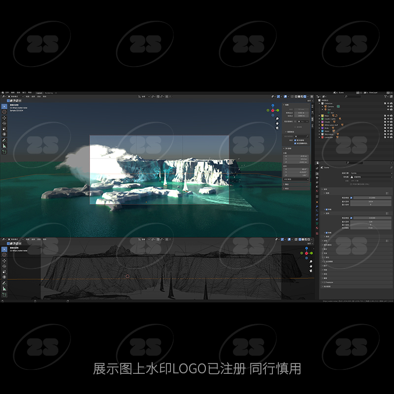 blender冰岛冰山海洋南极帆船场景渲染模型建模北极素材文件486