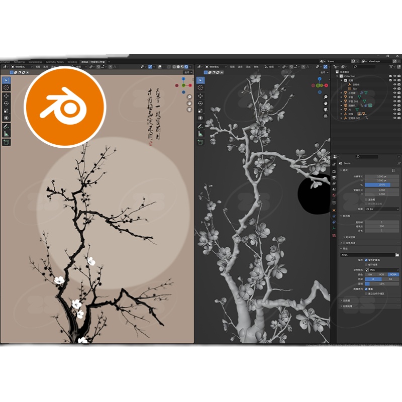 梅花中国风古画水墨blender场景模型建模素材渲染寒梅755 - 图3