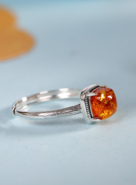 人品银品复古做旧s925银镶嵌天然琥珀指环简约轻奢百搭小方糖戒指