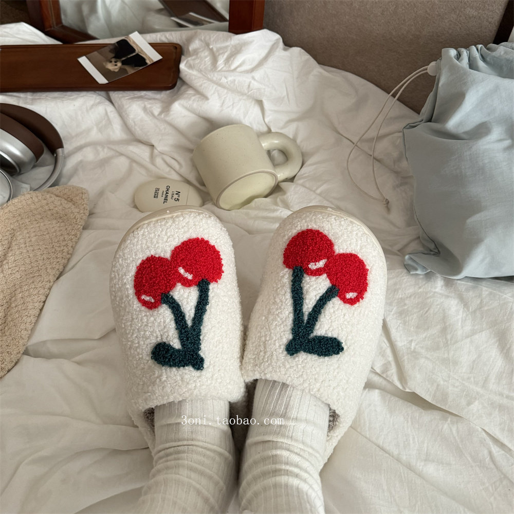 拖鞋：草莓&樱桃～冬季厚底保暖居家女生拖鞋学生宿舍护脚棉拖鞋,淘宝优惠券,粉丝福利购,淘宝优惠卷