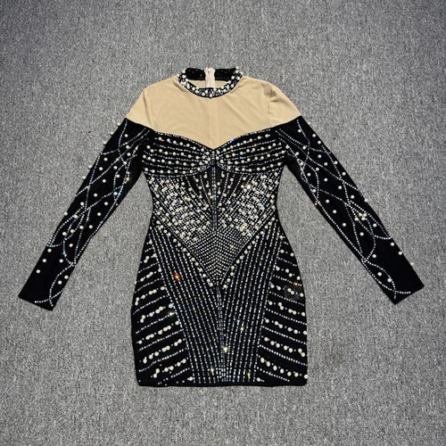 欧美小众轻奢重工性感网纱钉珠烫钻透视修身连衣裙女聚会晚礼服裙 - 图2