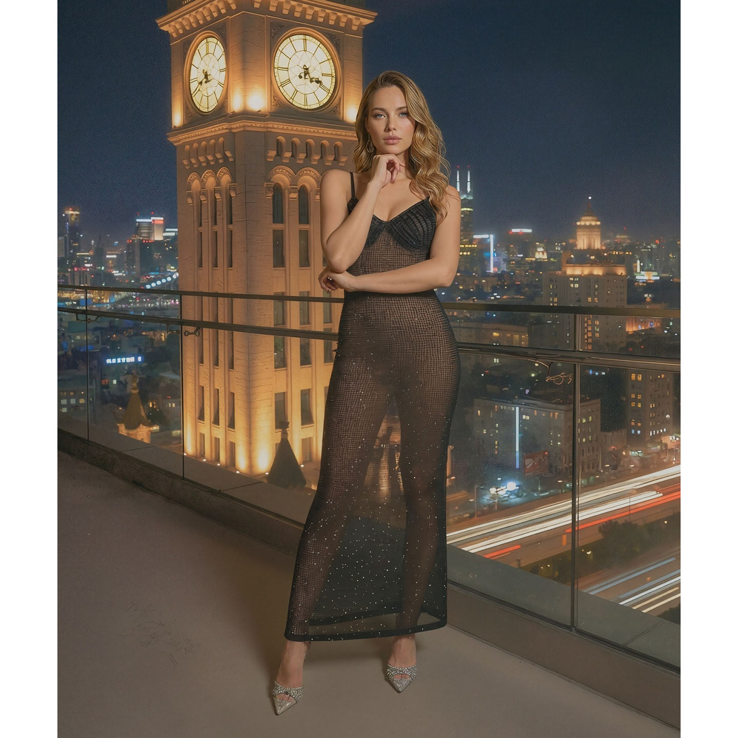 细肩带满钻透视长裙黑色网纱修身包臀裙辣妹蹦迪派对名媛风晚装裙,淘宝优惠券,粉丝福利购,淘宝优惠卷