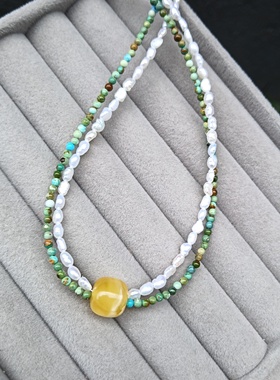 天然2.6mm绿松石3mm巴洛克淡水珍珠9.7mm蜜蜡双层项链长38cm+5cm