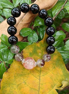 过香炉天然10mm黑曜石9mm幽灵水晶12.5mm胶花水晶手串上岸手链