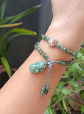 天然5mm翡翠珠双圈豆绿色小财神宝宝太阳石魔盒编织款手链