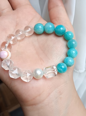 天然天河石白水晶珍珠手链女款单圈水晶手串小资手链女款