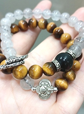 天然水晶黑发晶虎眼石双圈新中式手饰