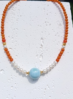 天然海纹石珍珠老蜜蜡项链新中式锁骨链轻奢高级感颈链