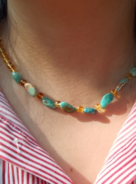 天然绿松石随型项链毛衣链原矿琥珀蜜蜡锁骨链一物一图