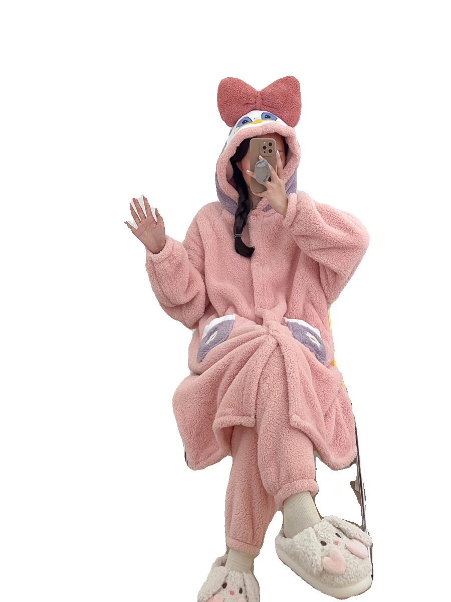 秋冬新加厚甜美卡通睡衣女长袖保暖连帽两件套居家服可爱浴袍浴衣,淘宝优惠券,粉丝福利购,淘宝优惠卷
