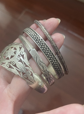 尼泊尔素银雕花手镯复古纯手工制作生日礼物925银开口手镯
