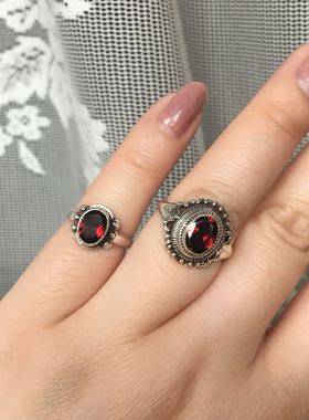 尼泊尔饰品天然切面石榴石银戒指