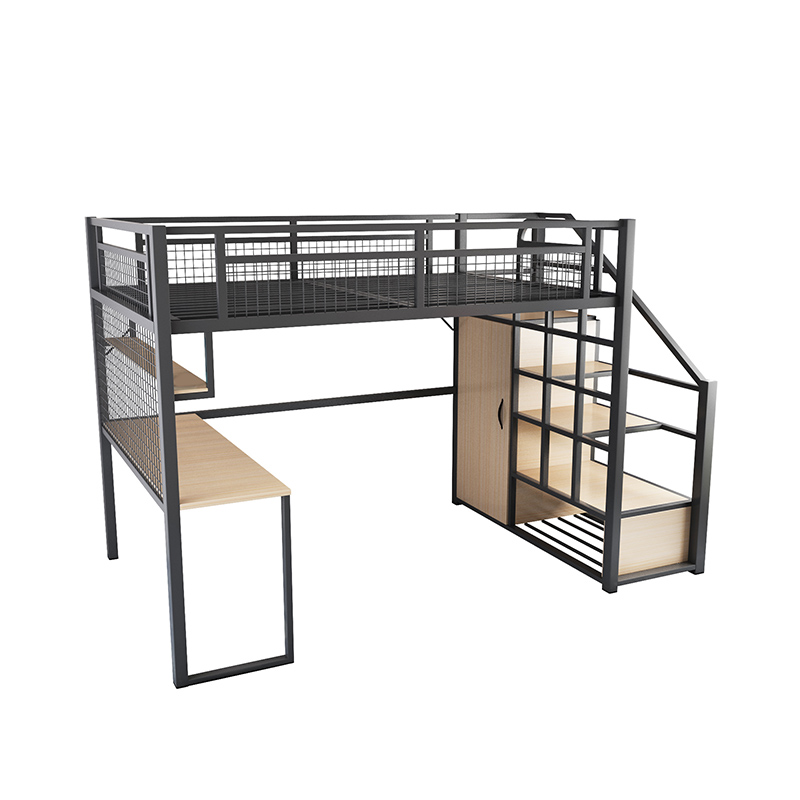 铁艺高架床上层下空省空间简约现代小户型阁楼式上床下桌公寓铁床-图3