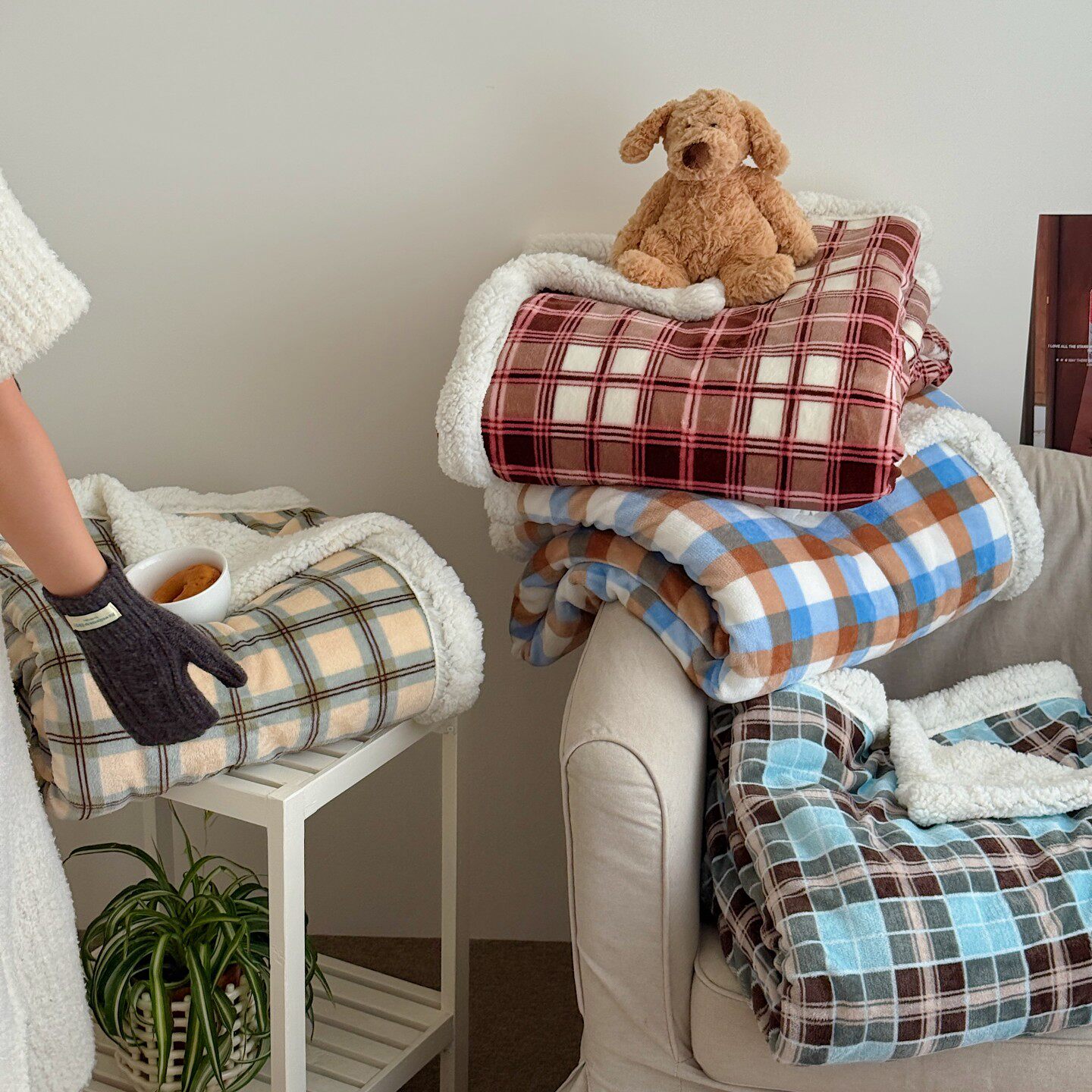 月亮睡了复古风格子秋冬加绒羊羔绒牛奶绒毛毯多功能毯子学生卧室