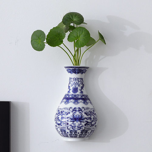 中式壁挂陶瓷花瓶仿古青花瓷插花器富贵竹客厅家居饰品墙饰三件套 - 图1