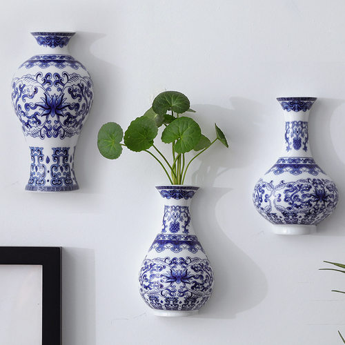中式壁挂陶瓷花瓶仿古青花瓷插花器富贵竹客厅家居饰品墙饰三件套 - 图0