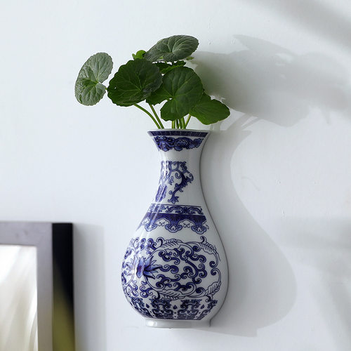 中式壁挂陶瓷花瓶仿古青花瓷插花器富贵竹客厅家居饰品墙饰三件套 - 图2