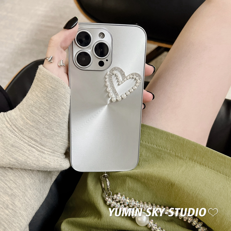 YUMIN SKY·适用极光镭射珍珠爱心iPhone15promax苹果14Pro手机壳11手链条plus高级感13女款12Promax防摔软壳-图0